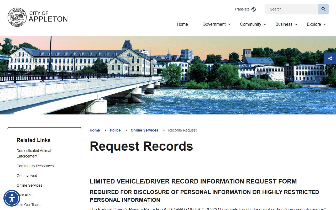 Appleton Police Records request page screenshot
