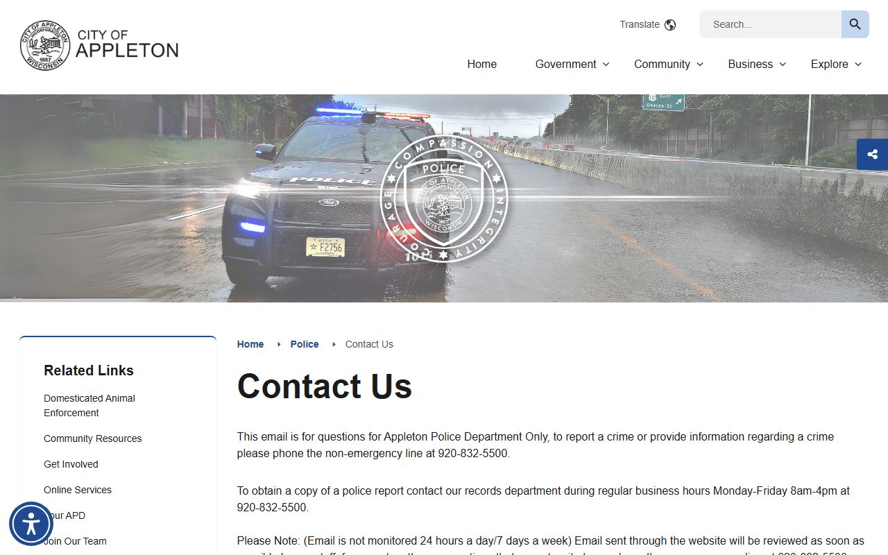 Appleton Police Records contact page screenshot