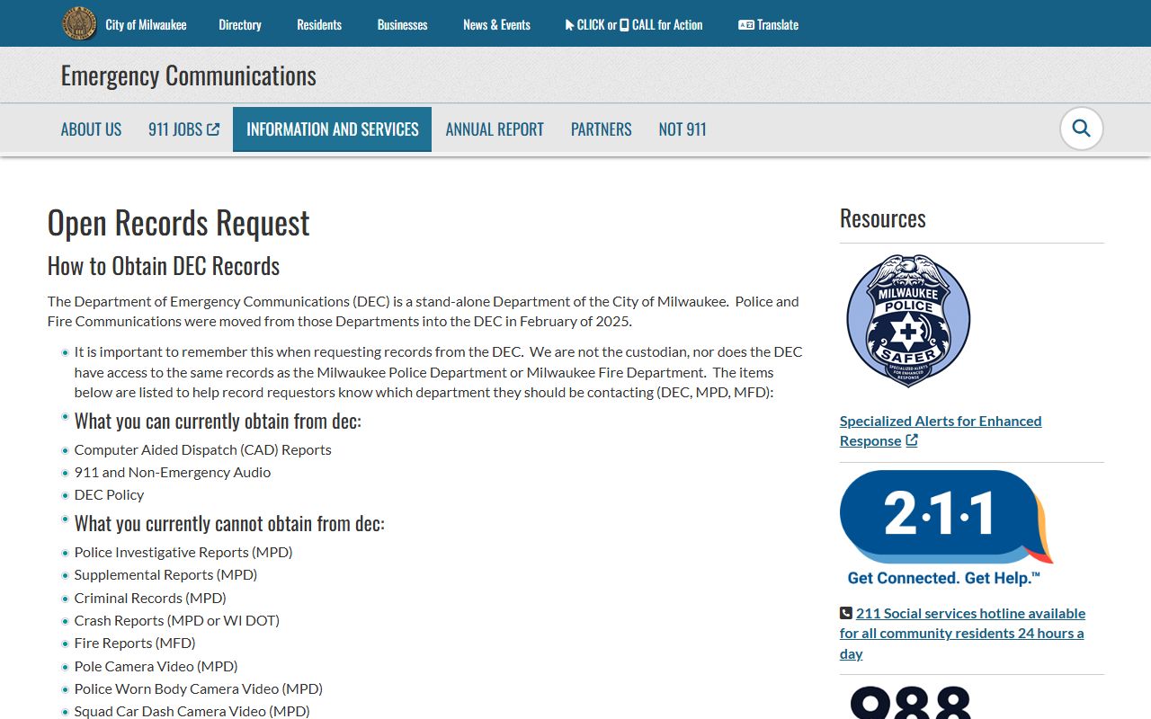 Milwaukee Police Records open records request screenshot
