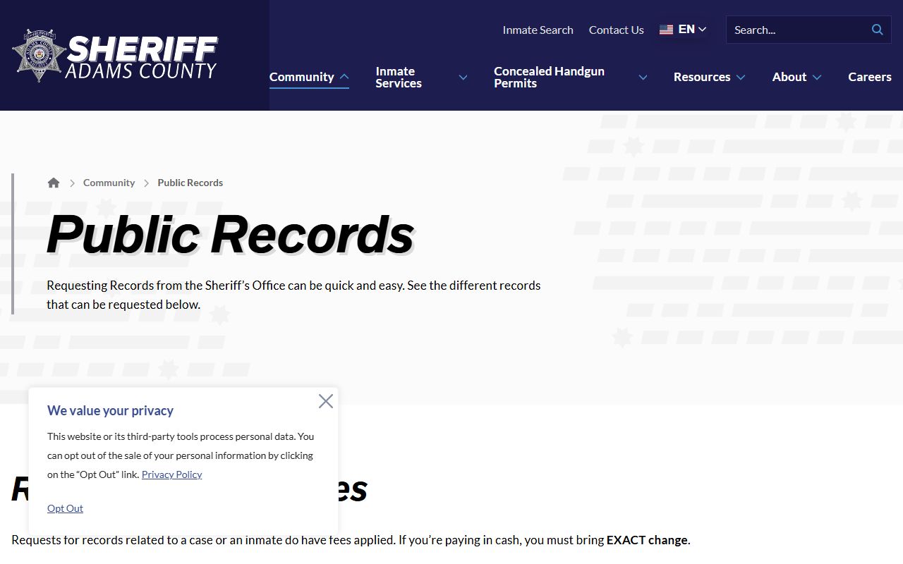Adams County Police Records public records page