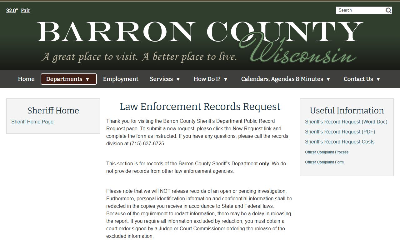 Barron County Police Records request page