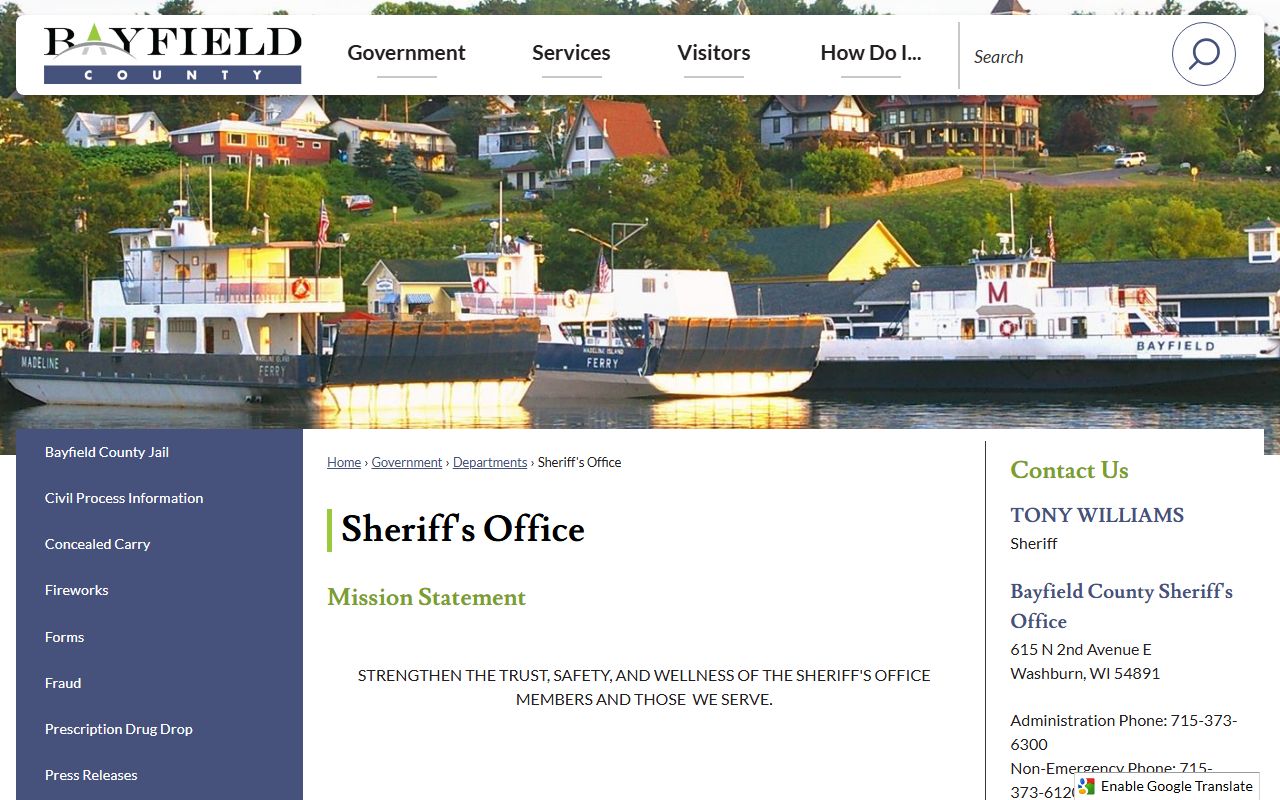 Bayfield County Police Records sheriff office page
