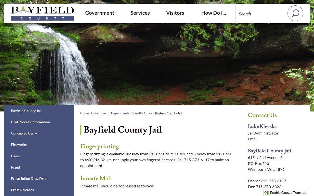 Bayfield County Police Records jail page