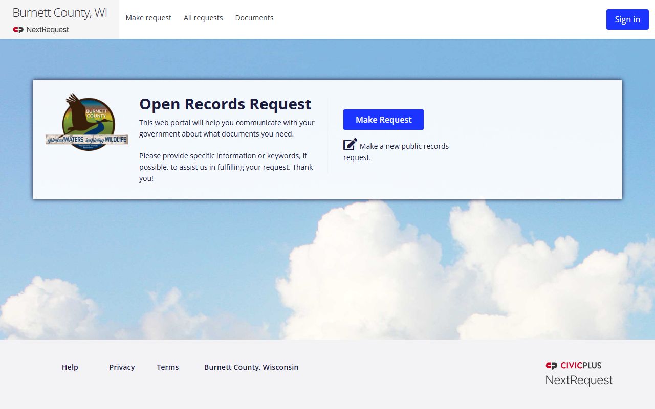Burnett County Police Records records request portal screenshot