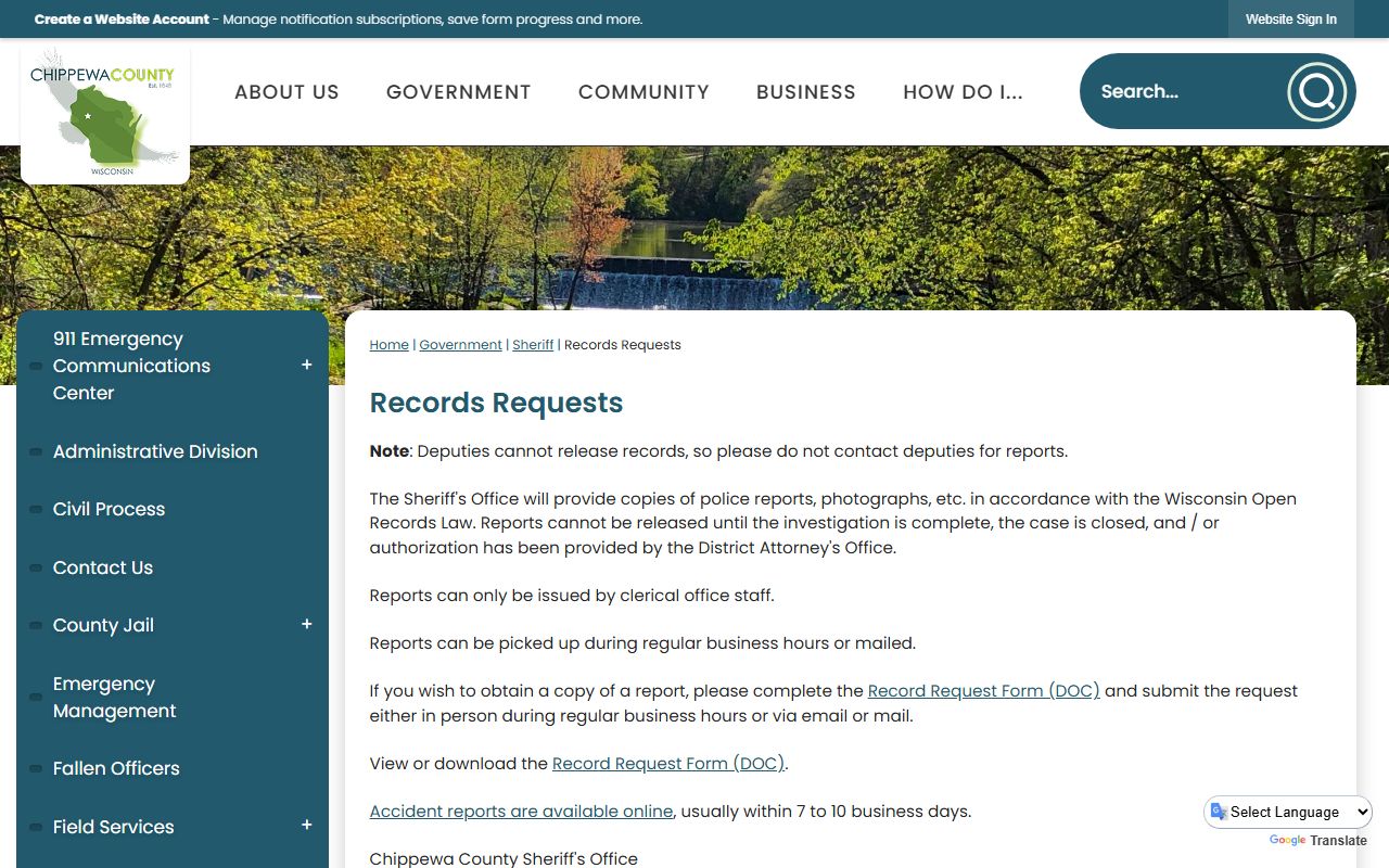 Chippewa County Police Records records request page