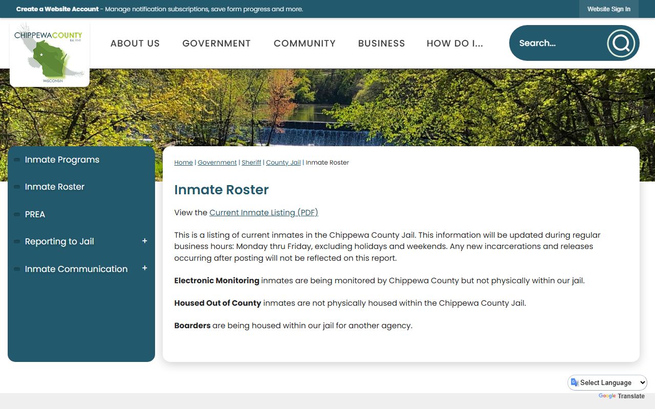 Chippewa County Police Records inmate roster page
