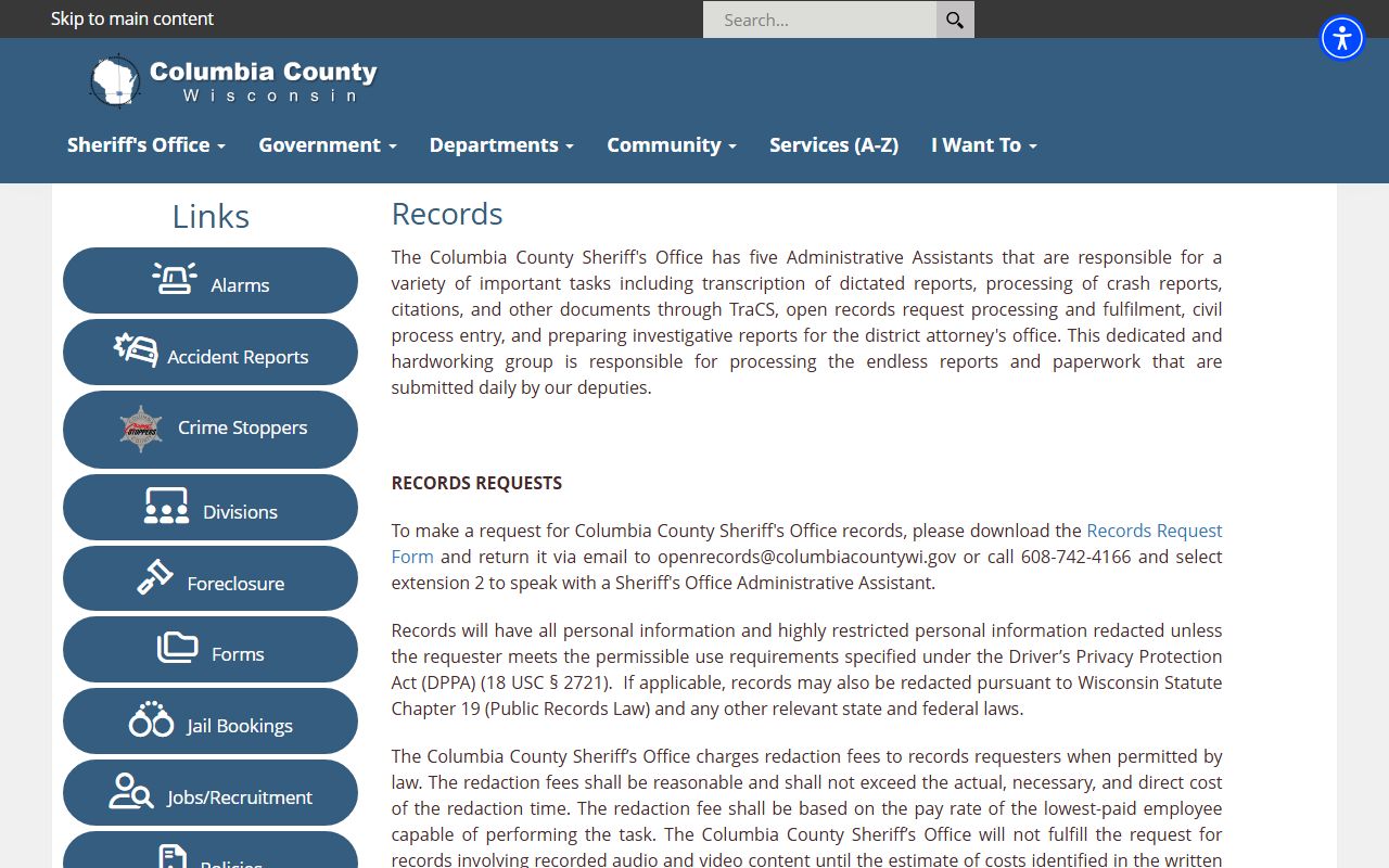 Columbia County Police Records request screenshot