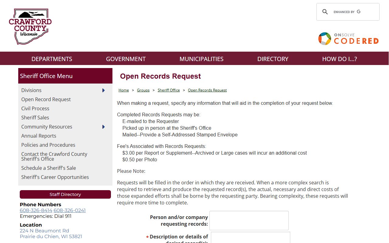 Crawford County Police Records request page screenshot