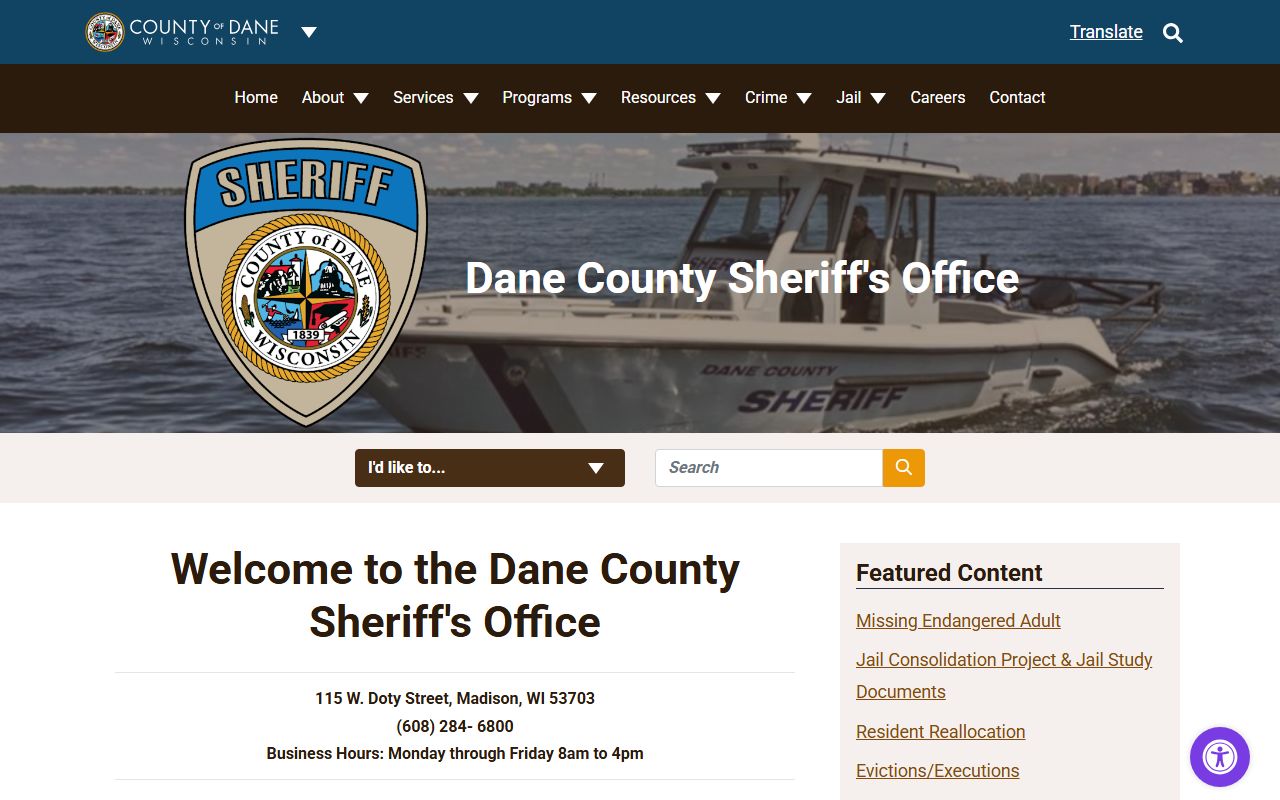 Dane County Police Records sheriff homepage screenshot