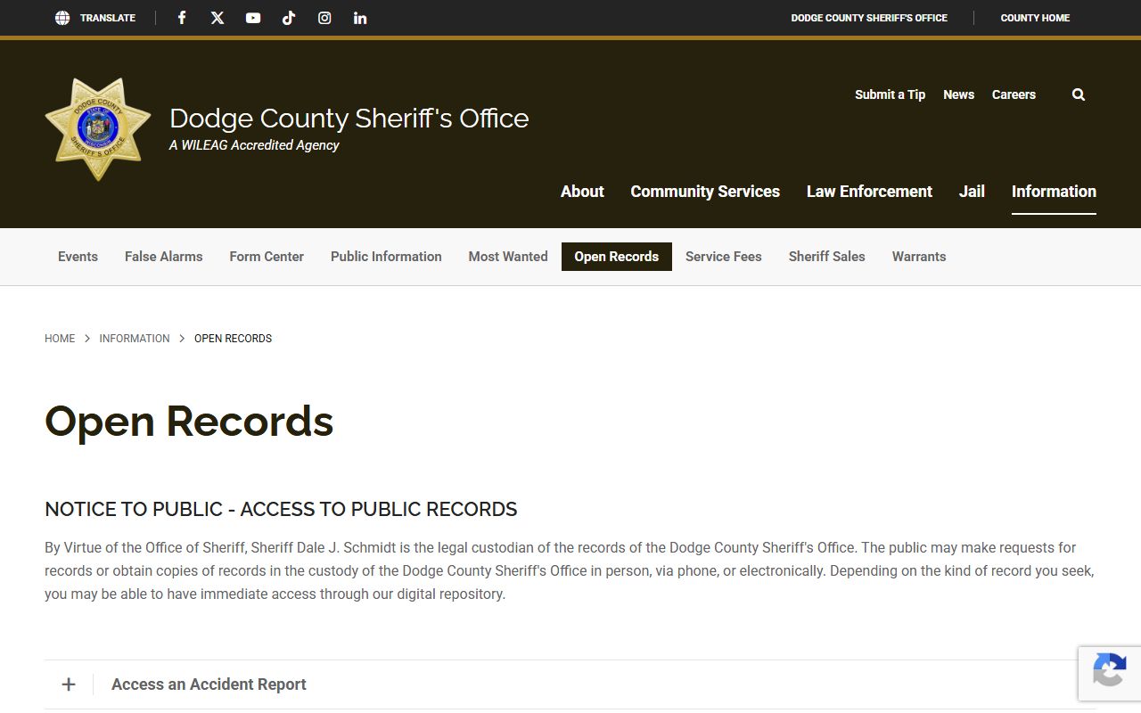 Dodge County Police Records open records page screenshot