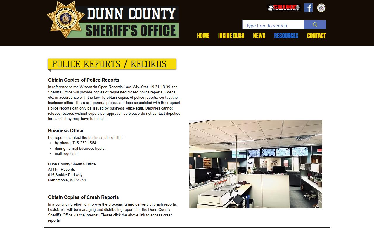 Dunn County Police Records support services screenshot