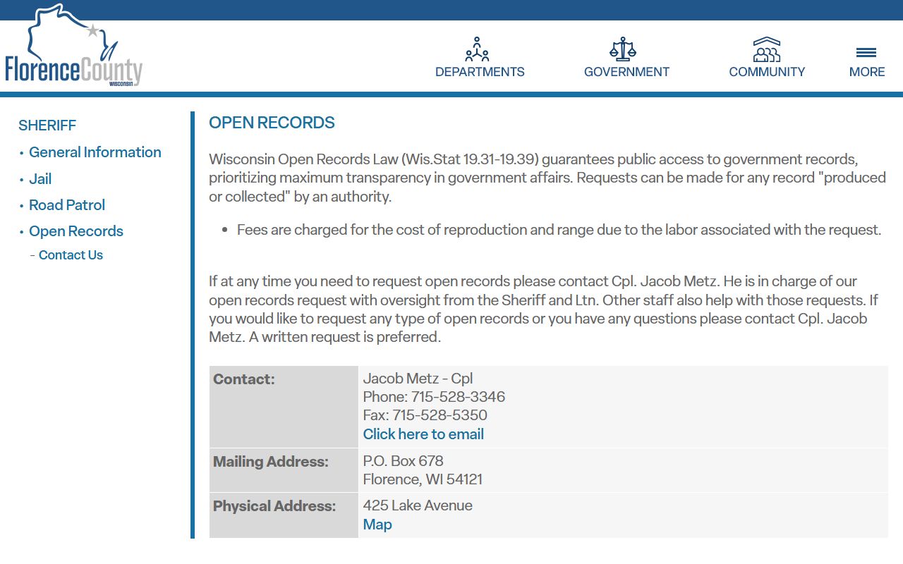 Florence County Police Records open records page screenshot