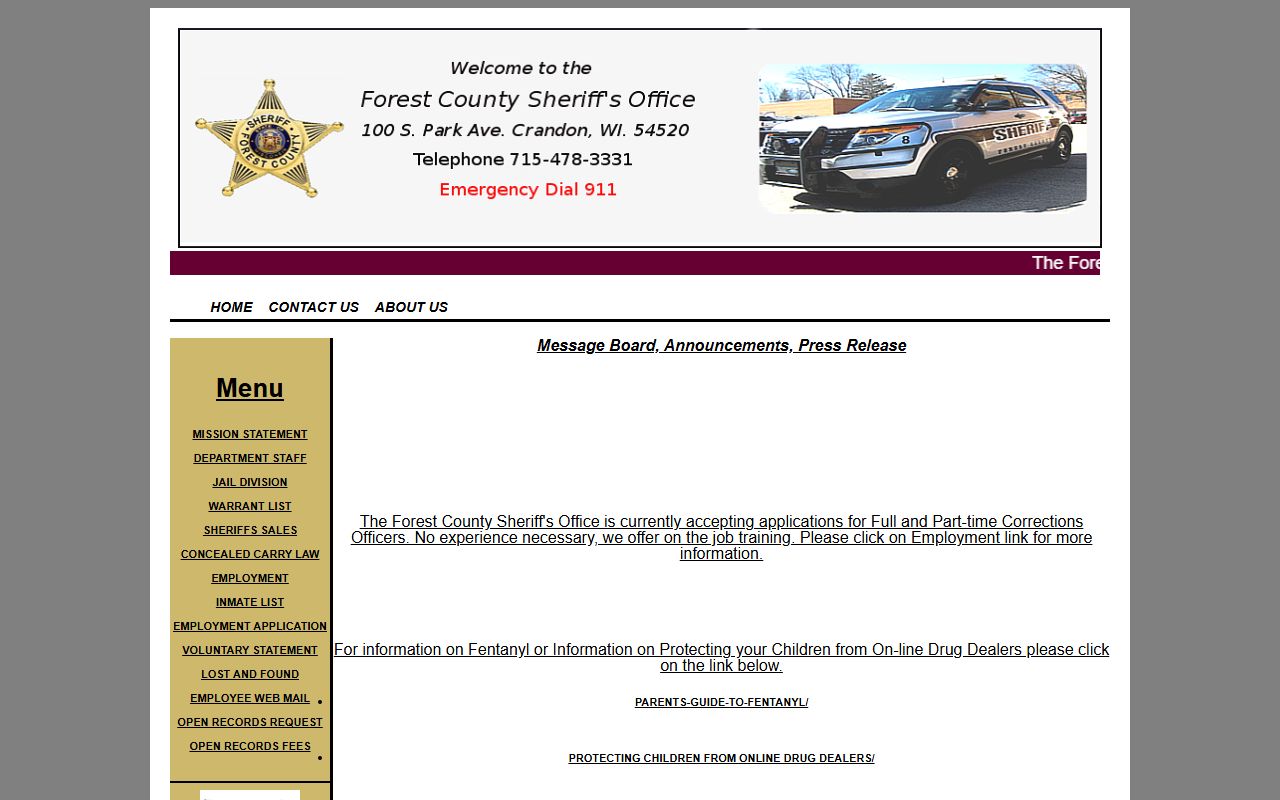 Forest County Police Records sheriff office screenshot