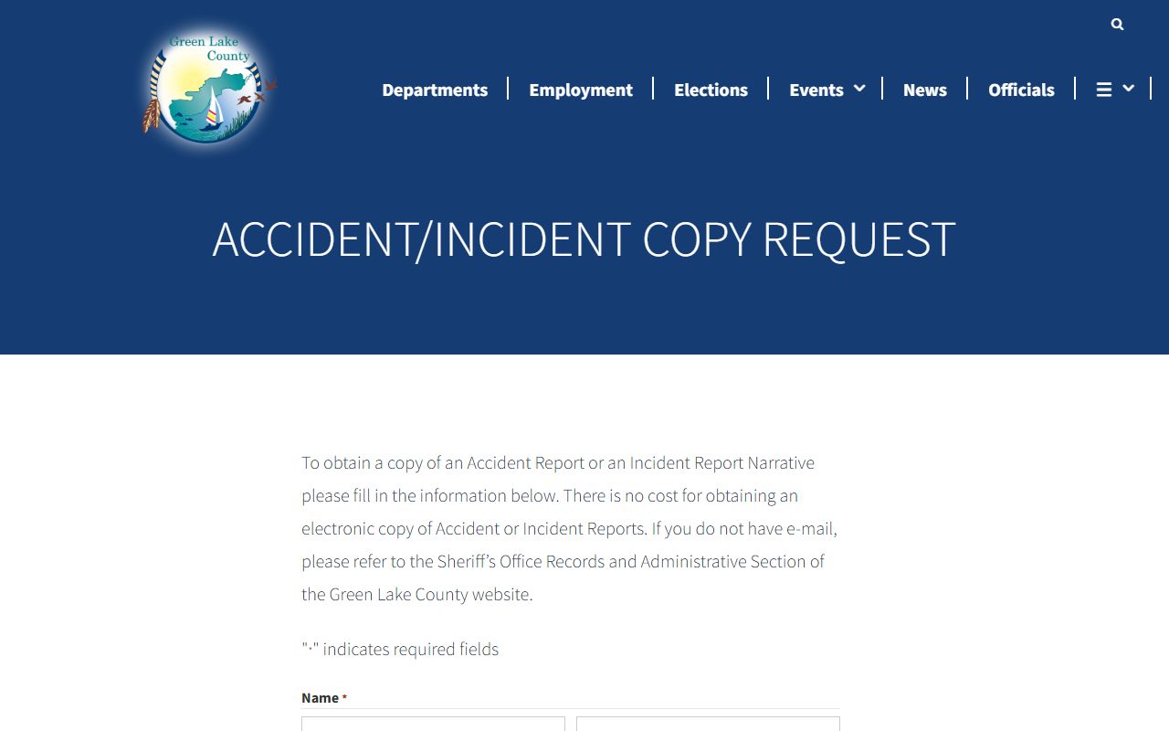 Green Lake County Police Records request form screenshot