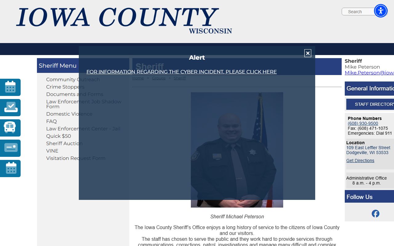 Iowa County Police Records sheriff homepage screenshot
