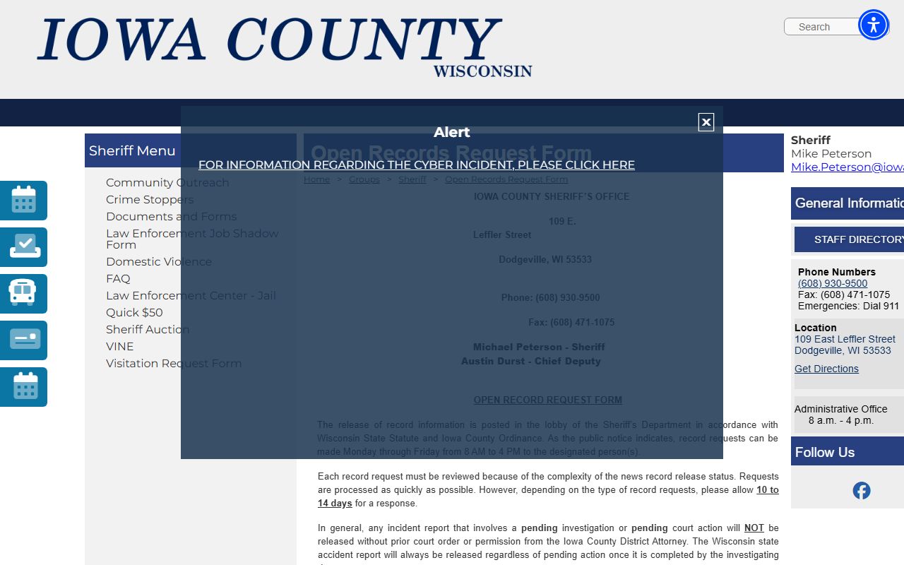 Iowa County Police Records open records request form screenshot