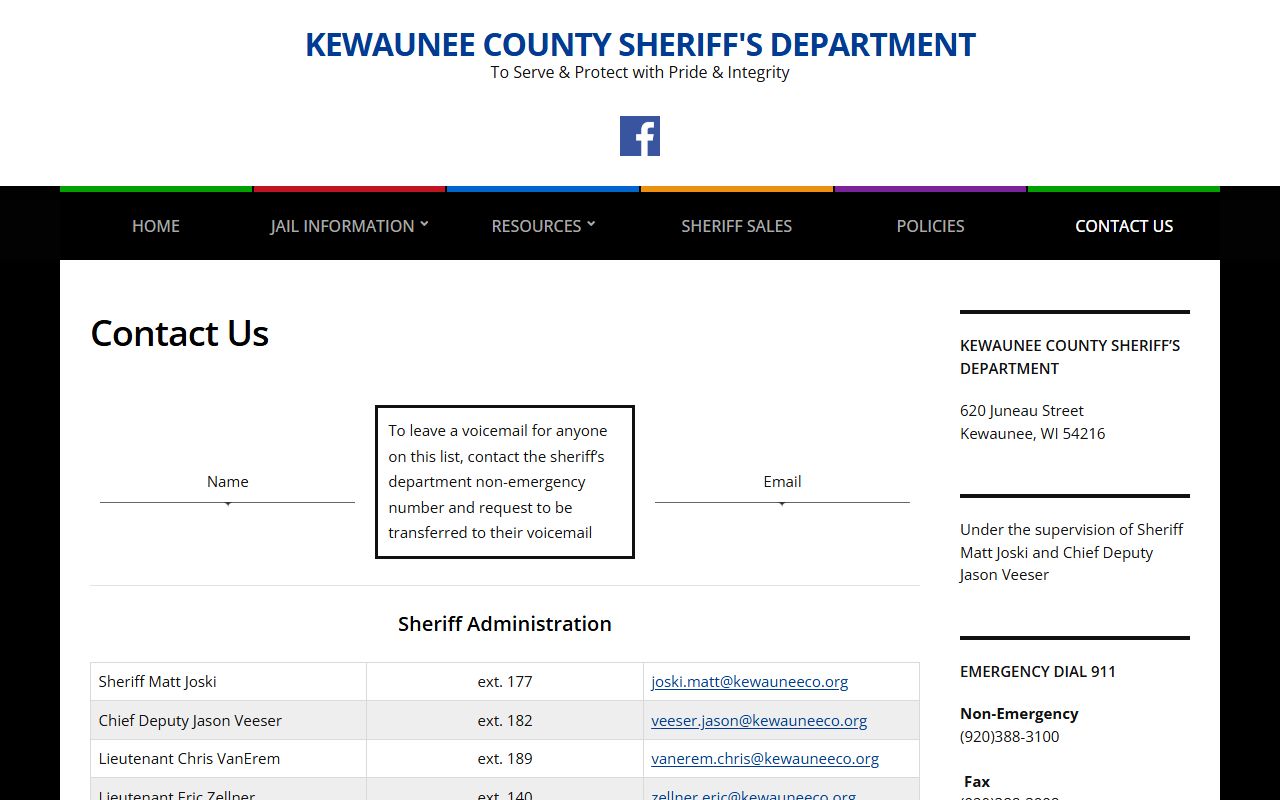 Kewaunee County Police Records contact page screenshot