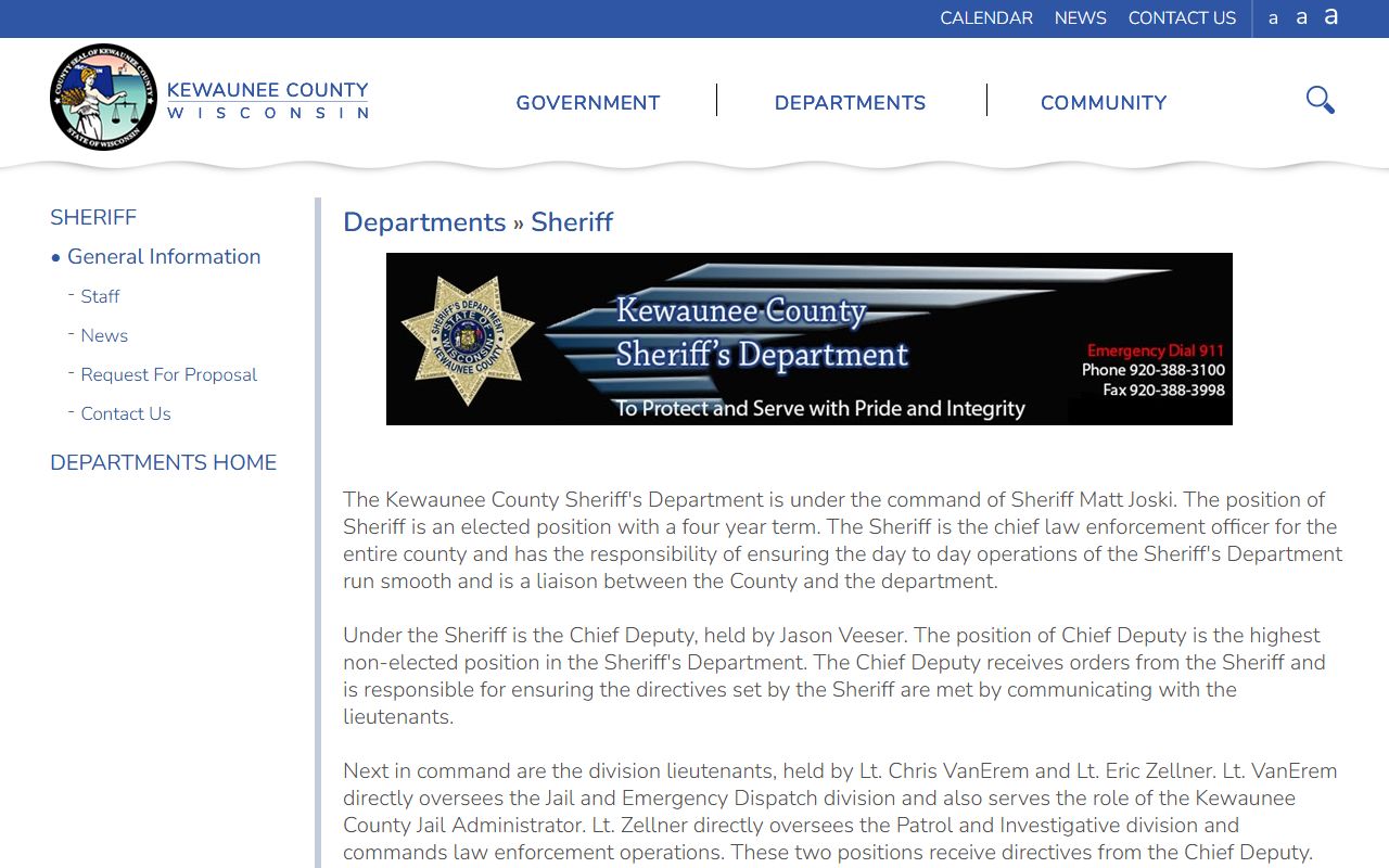 Kewaunee County Police Records sheriff department screenshot