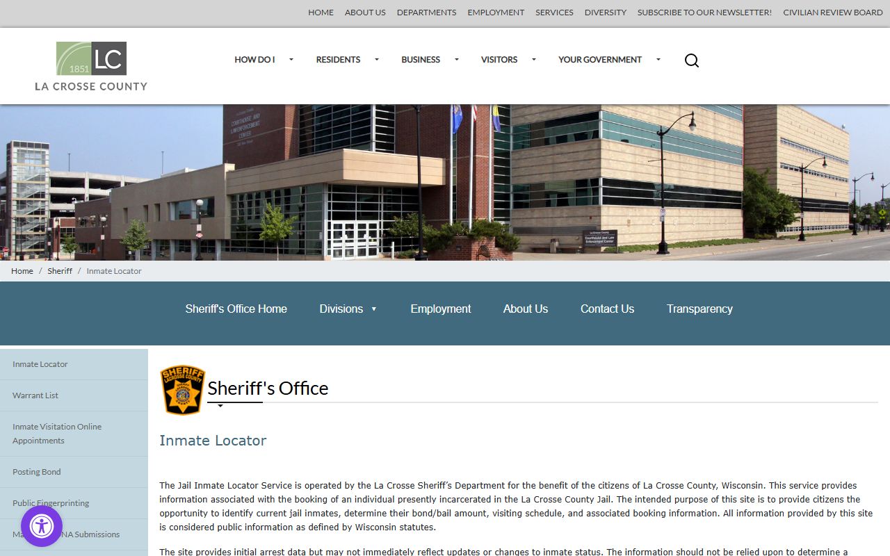 La Crosse County Police Records inmate locator screenshot