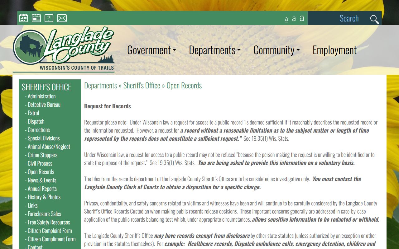 Langlade County Police Records open records screenshot