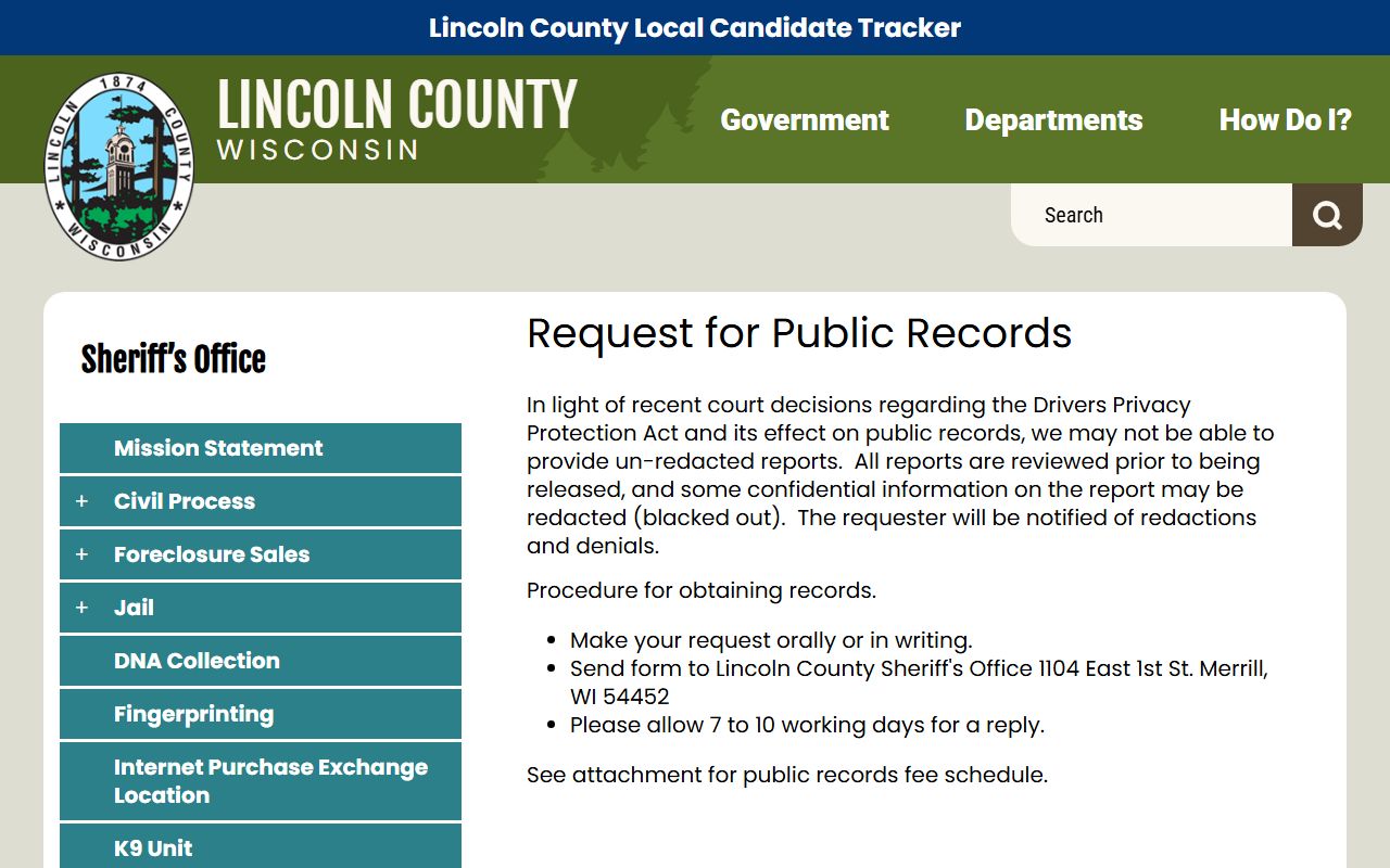 Lincoln County Police Records request form screenshot