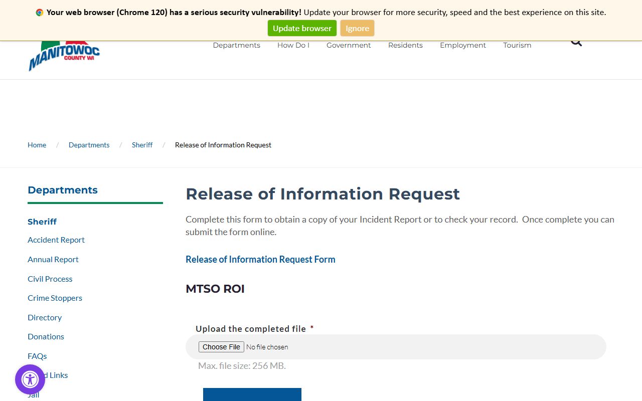 Manitowoc County Police Records release request screenshot