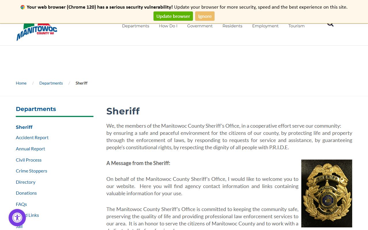 Manitowoc County Police Records sheriff page screenshot