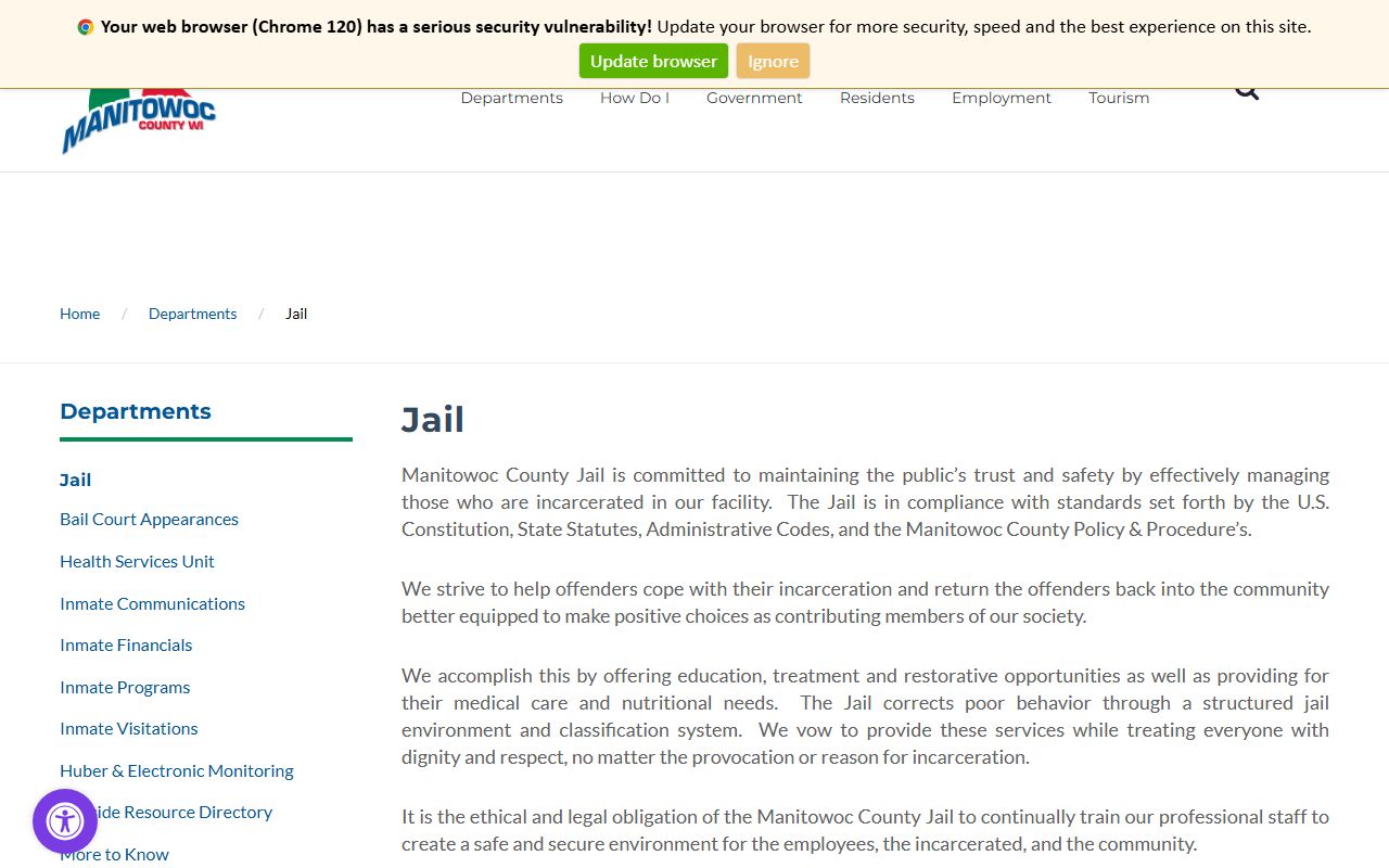 Manitowoc County Police Records jail page screenshot