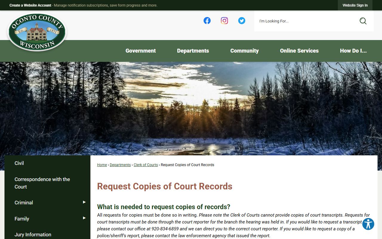 Oconto County Police Records court records request screenshot