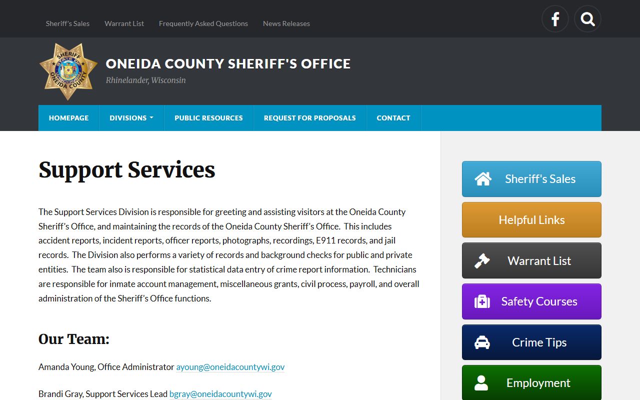 Oneida County Police Records support services screenshot