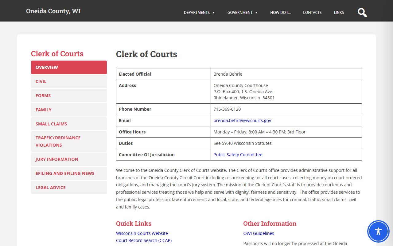 Oneida County Police Records clerk of courts screenshot