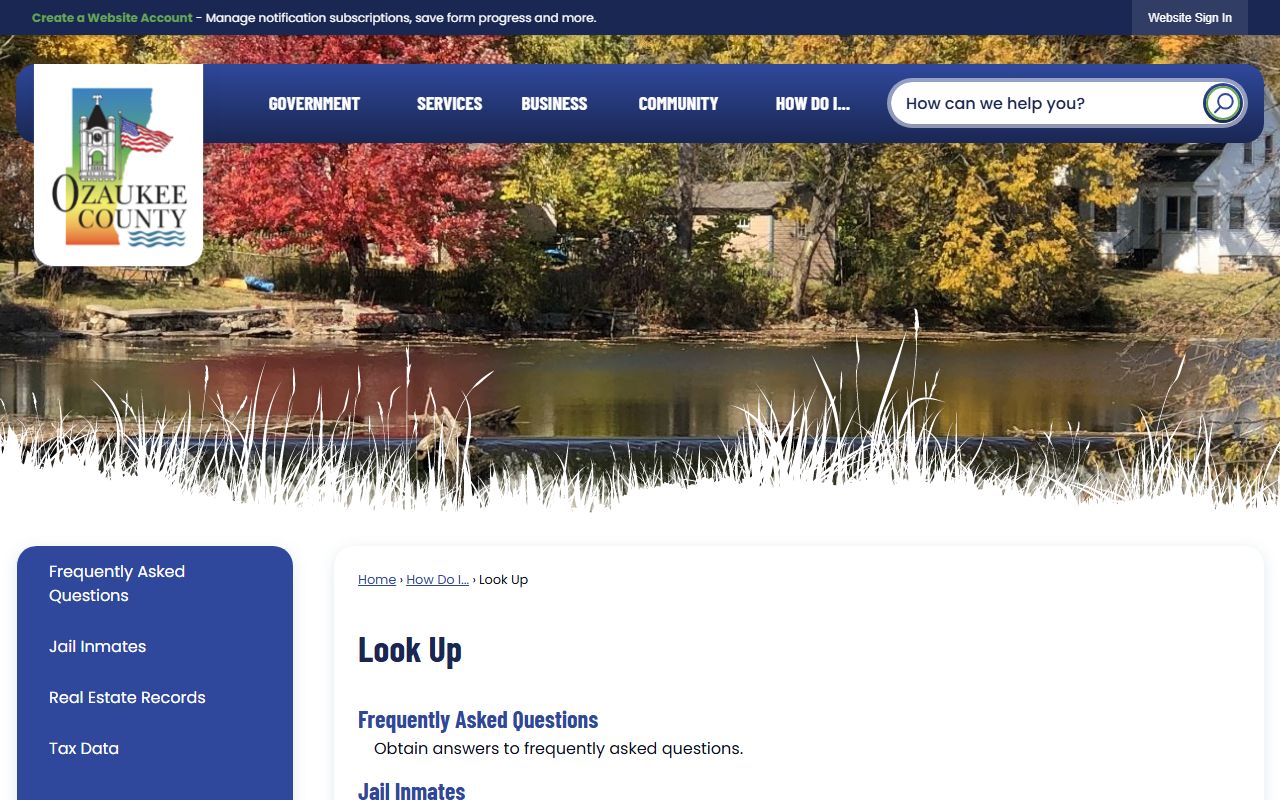 Ozaukee County Police Records look up page screenshot