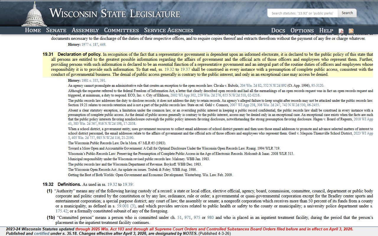 Wisconsin Police Records statute 19.31 page