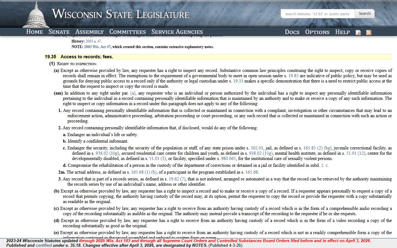 Wisconsin Police Records statute 19.35 page