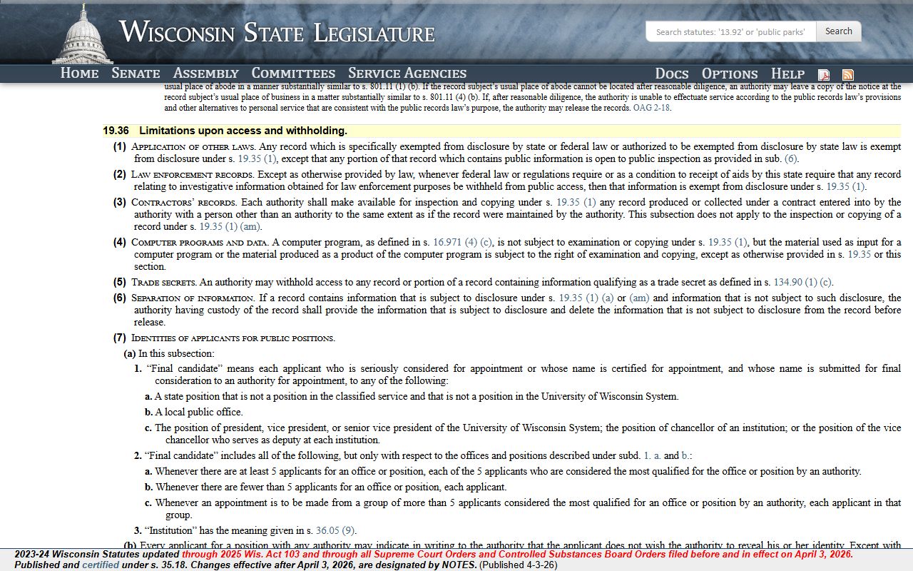 Wisconsin Police Records statute 19.36 page