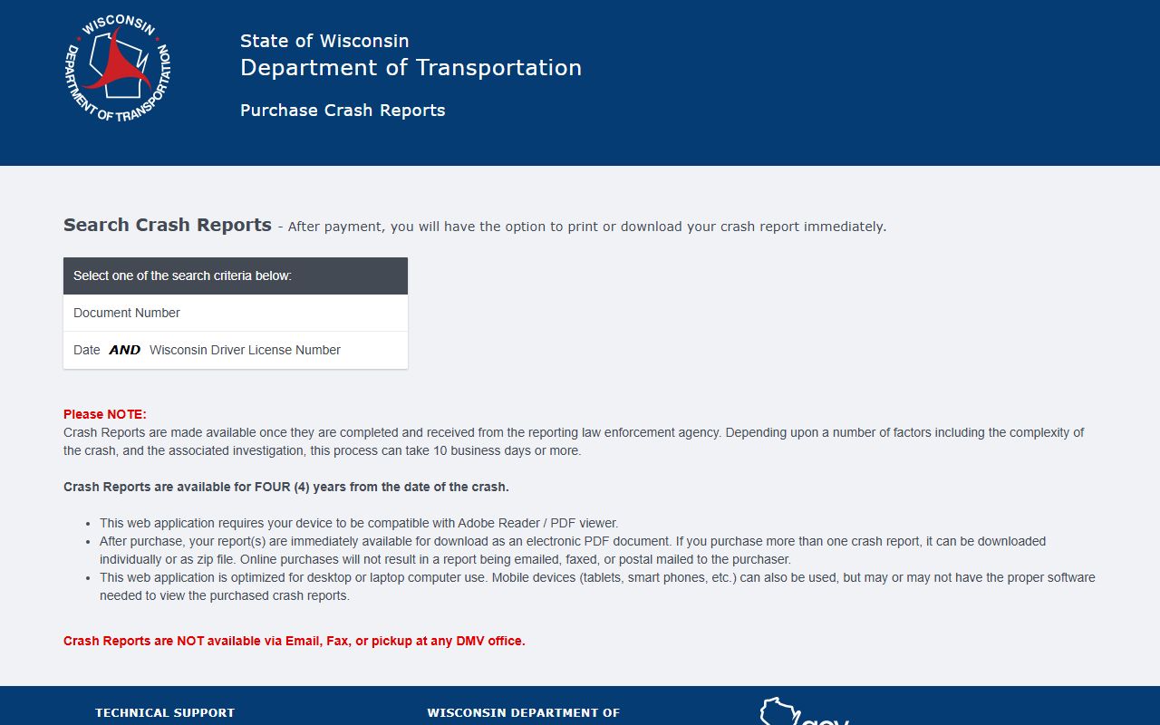 Wisconsin Police Records crash report portal