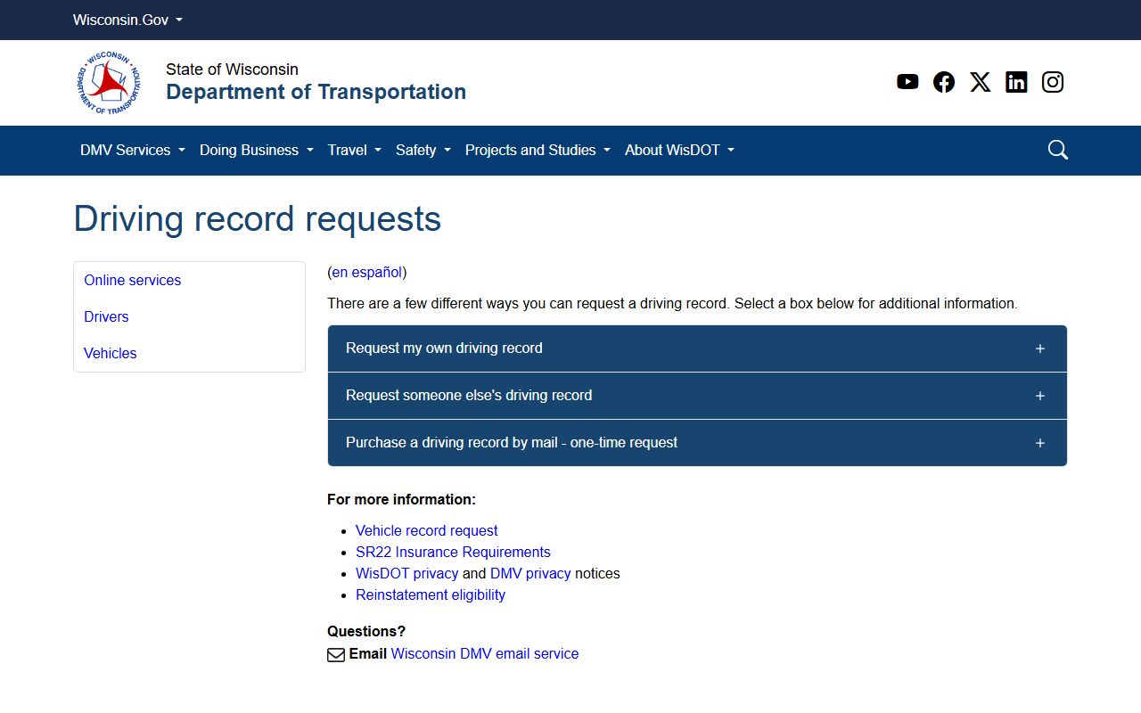 Wisconsin Police Records driver record request page