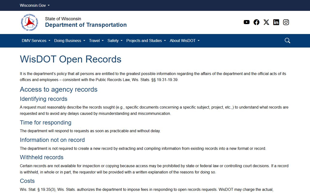 Wisconsin Police Records WisDOT open records page